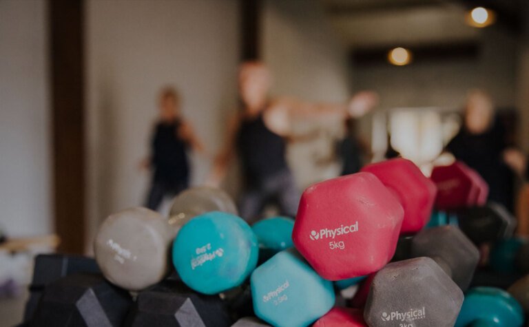 Dumbells stacked in a fitness studio